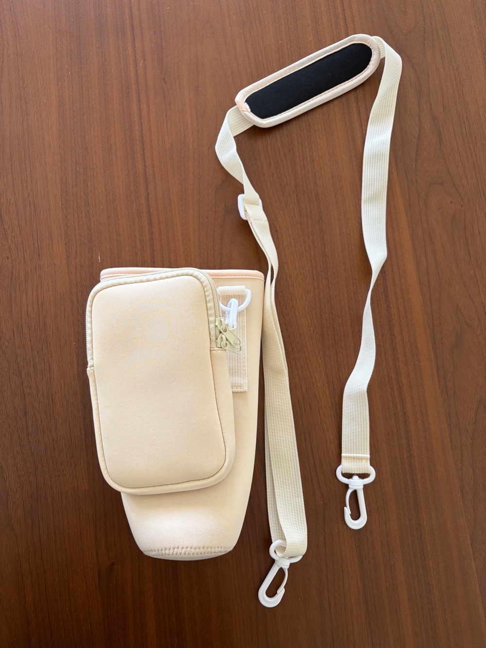 Cream water bottle carrier bag with phone pocket for Stanley 40oz tumbler